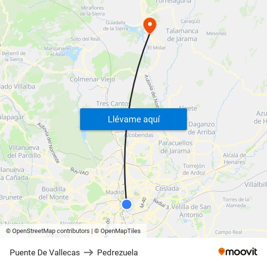 Puente De Vallecas to Pedrezuela map