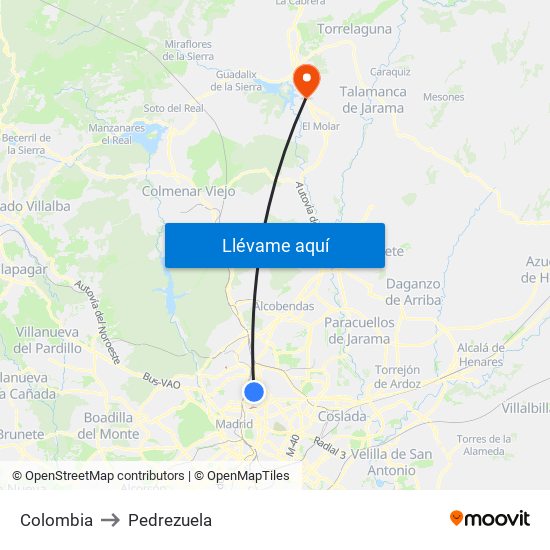 Colombia to Pedrezuela map