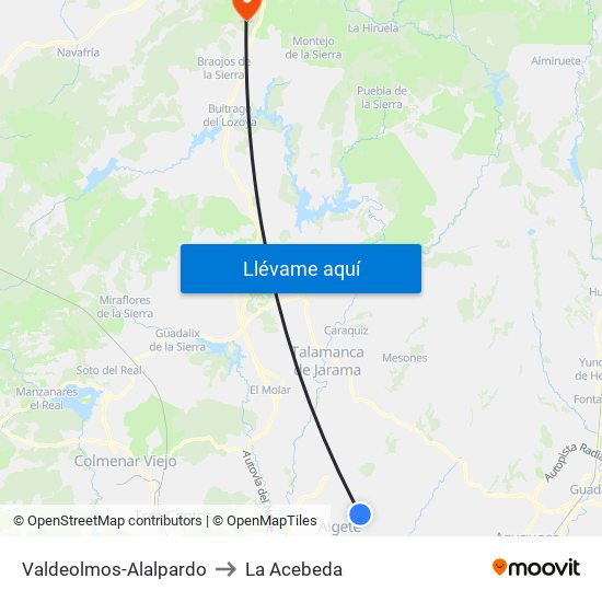 Valdeolmos-Alalpardo to La Acebeda map