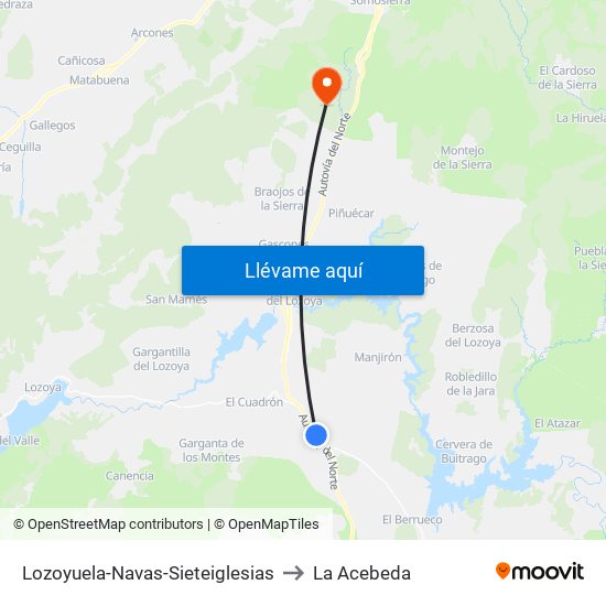 Lozoyuela-Navas-Sieteiglesias to La Acebeda map