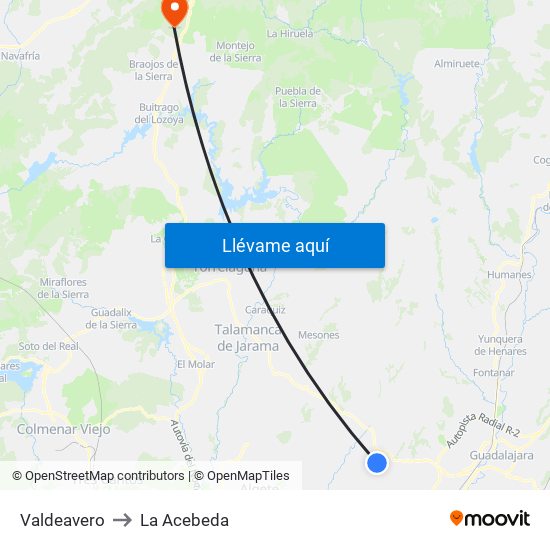 Valdeavero to La Acebeda map