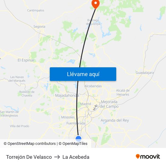 Torrejón De Velasco to La Acebeda map