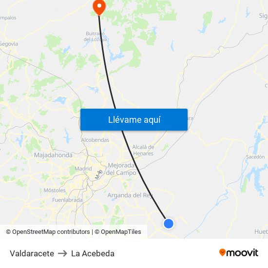 Valdaracete to La Acebeda map