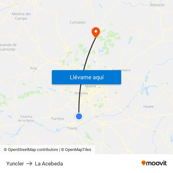 Yuncler to La Acebeda map