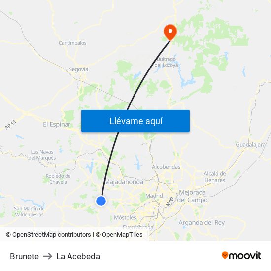 Brunete to La Acebeda map