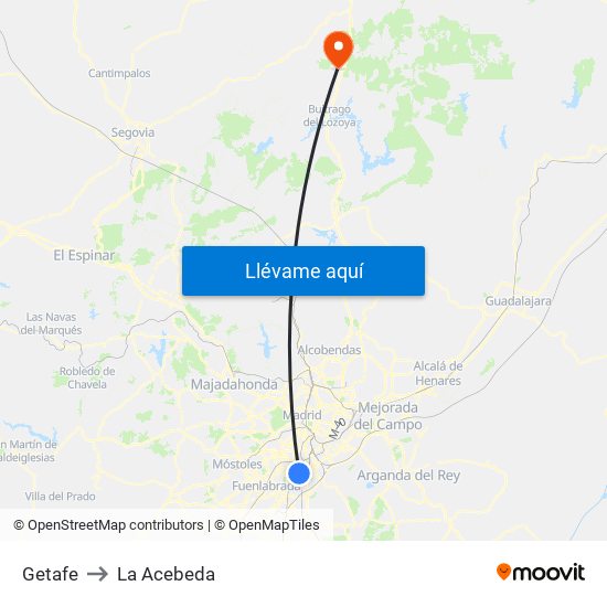 Getafe to La Acebeda map