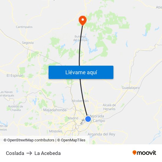 Coslada to La Acebeda map