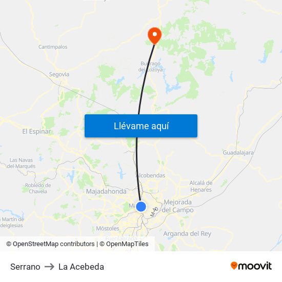 Serrano to La Acebeda map