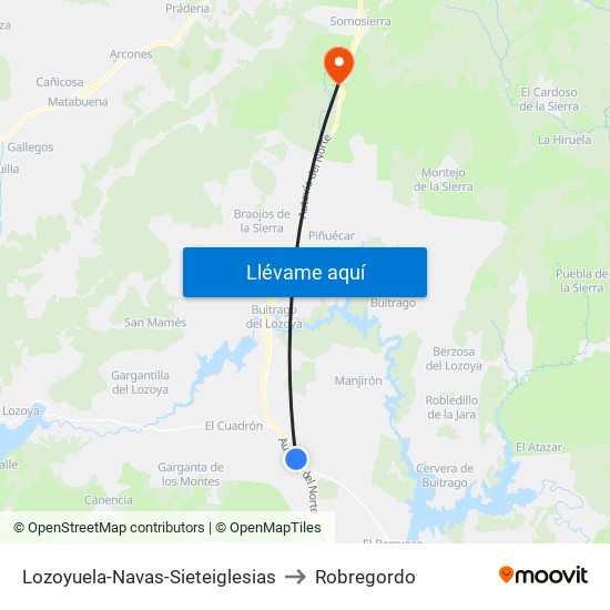 Lozoyuela-Navas-Sieteiglesias to Robregordo map
