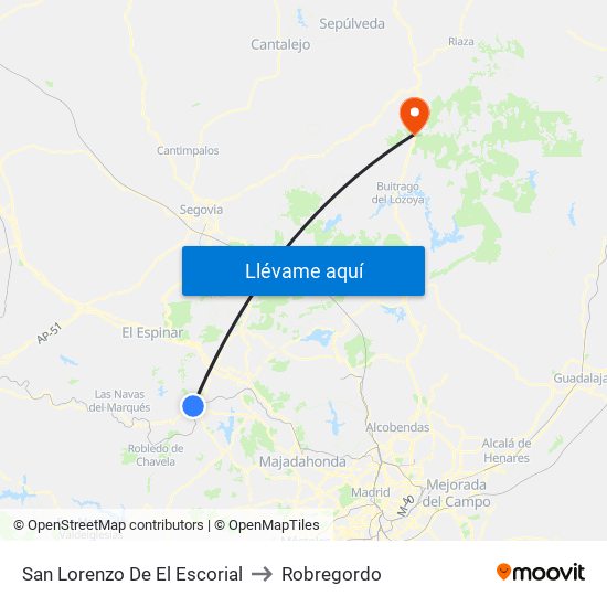 San Lorenzo De El Escorial to Robregordo map