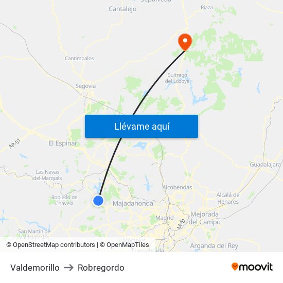 Valdemorillo to Robregordo map