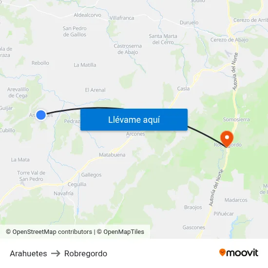 Arahuetes to Robregordo map