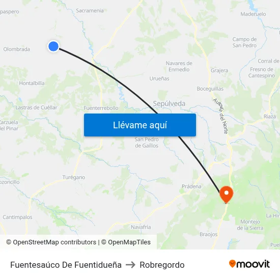 Fuentesaúco De Fuentidueña to Robregordo map