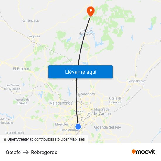 Getafe to Robregordo map