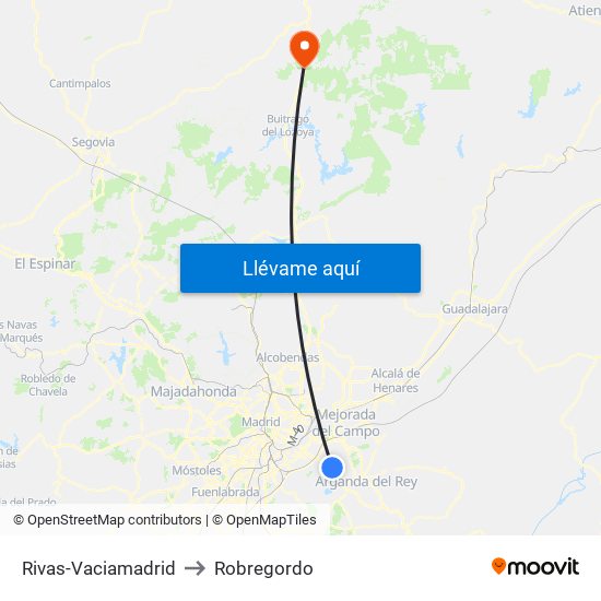 Rivas-Vaciamadrid to Robregordo map