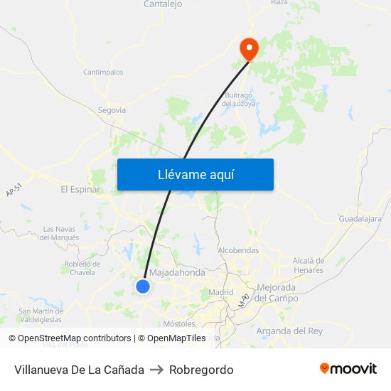 Villanueva De La Cañada to Robregordo map