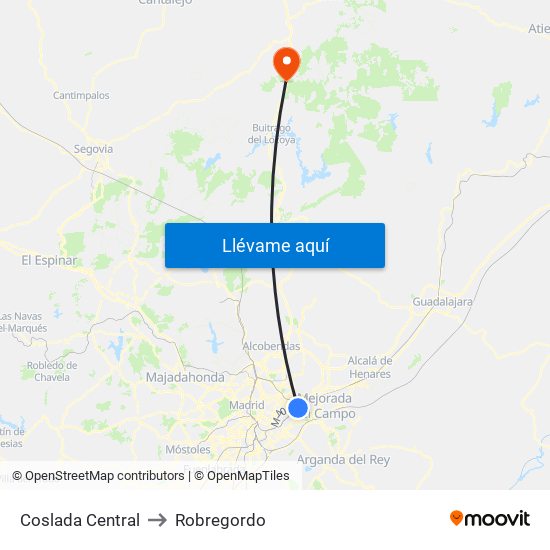 Coslada Central to Robregordo map