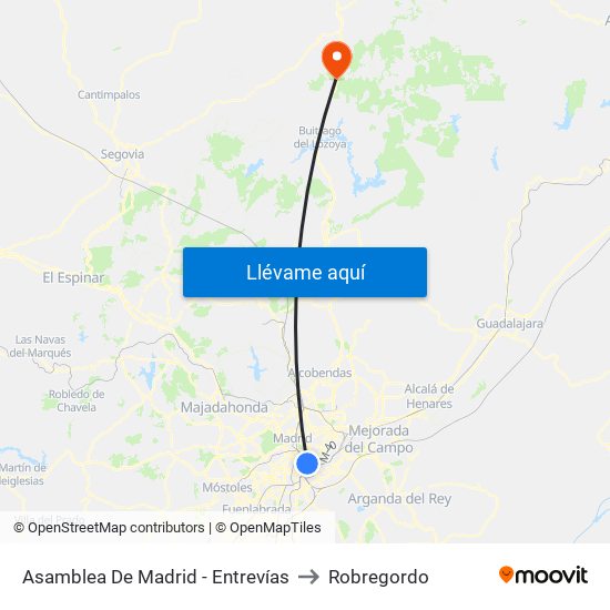 Asamblea De Madrid - Entrevías to Robregordo map