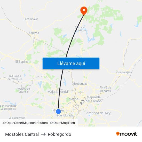 Móstoles Central to Robregordo map