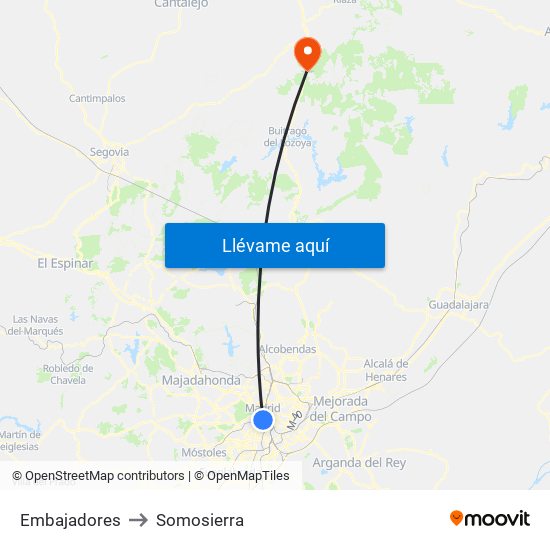 Embajadores to Somosierra map