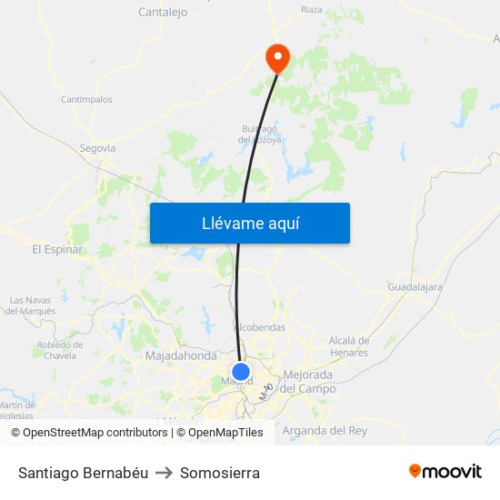 Santiago Bernabéu to Somosierra map