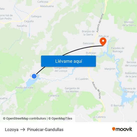 Lozoya to Pinuécar-Gandullas map