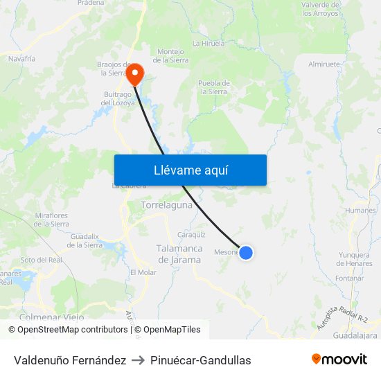Valdenuño Fernández to Pinuécar-Gandullas map