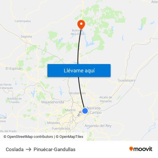 Coslada to Pinuécar-Gandullas map