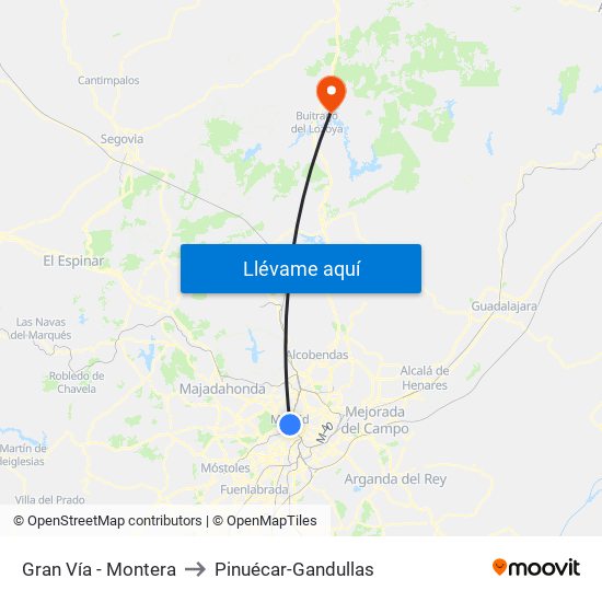 Gran Vía - Montera to Pinuécar-Gandullas map