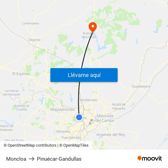 Moncloa to Pinuécar-Gandullas map