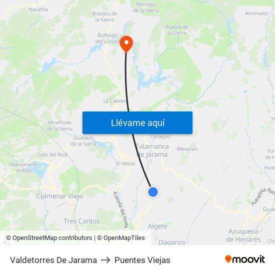 Valdetorres De Jarama to Puentes Viejas map