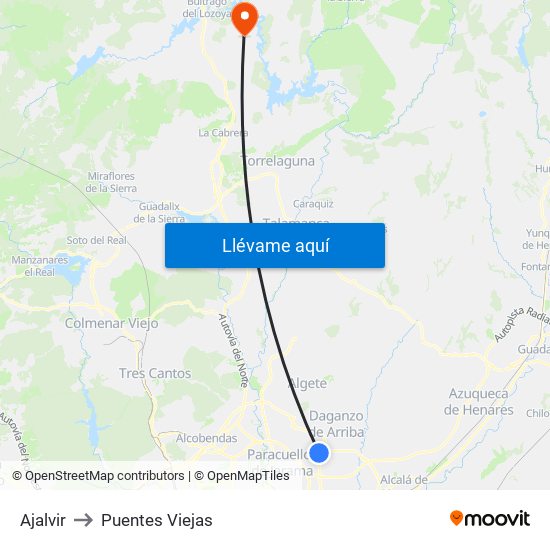 Ajalvir to Puentes Viejas map