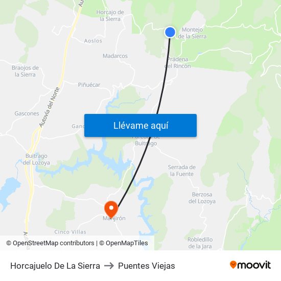 Horcajuelo De La Sierra to Puentes Viejas map