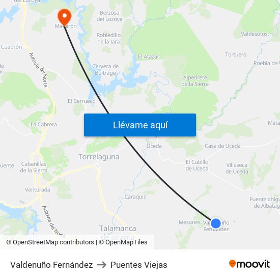 Valdenuño Fernández to Puentes Viejas map