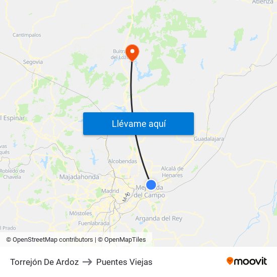 Torrejón De Ardoz to Puentes Viejas map