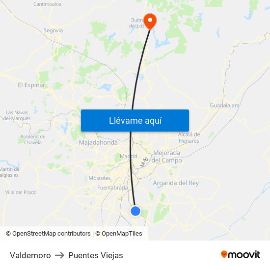 Valdemoro to Puentes Viejas map