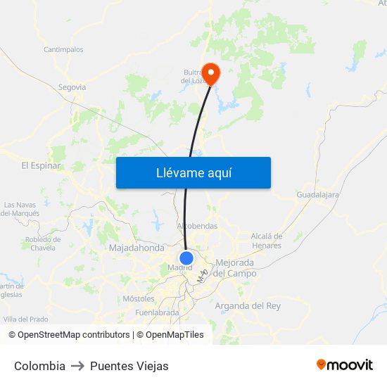 Colombia to Puentes Viejas map