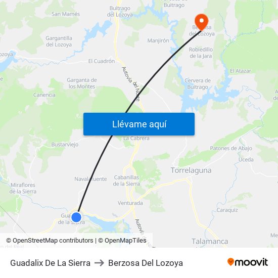 Guadalix De La Sierra to Berzosa Del Lozoya map