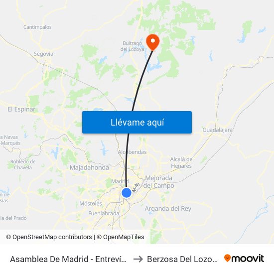 Asamblea De Madrid - Entrevías to Berzosa Del Lozoya map