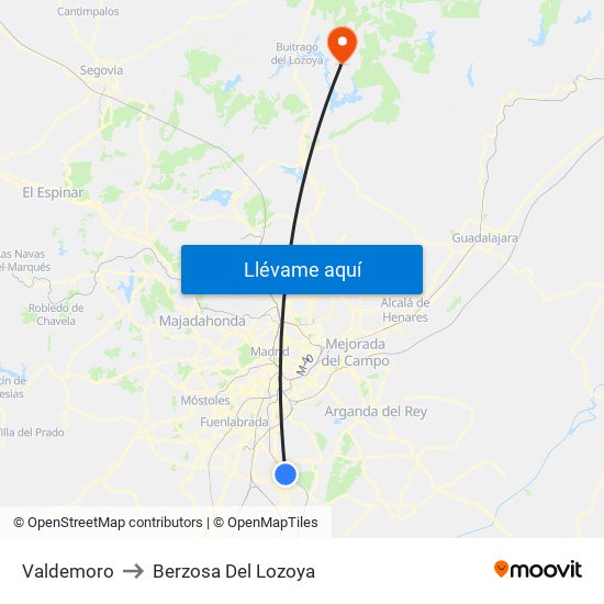 Valdemoro to Berzosa Del Lozoya map