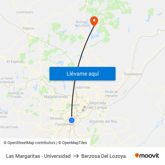 Las Margaritas - Universidad to Berzosa Del Lozoya map