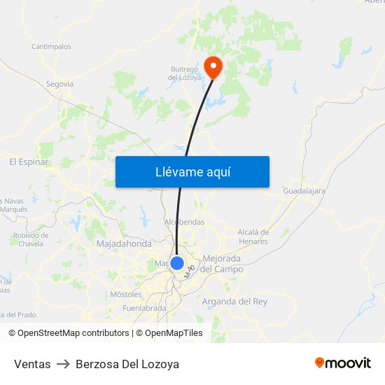 Ventas to Berzosa Del Lozoya map