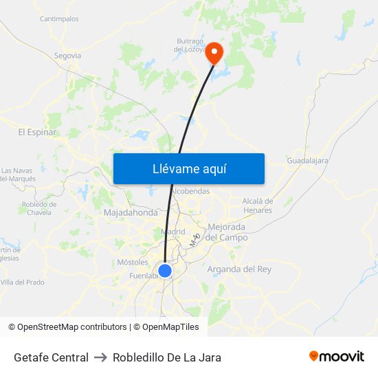 Getafe Central to Robledillo De La Jara map