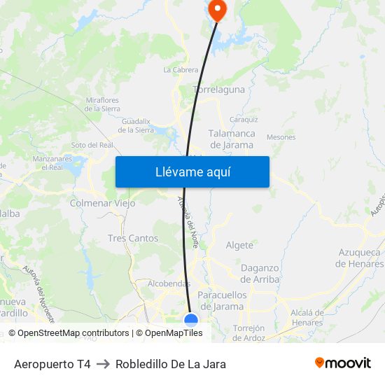 Aeropuerto T4 to Robledillo De La Jara map
