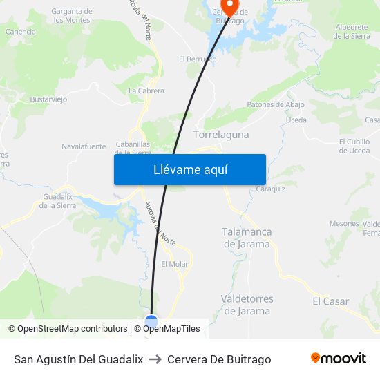 San Agustín Del Guadalix to Cervera De Buitrago map