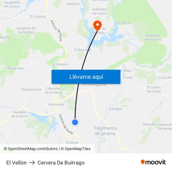El Vellón to Cervera De Buitrago map