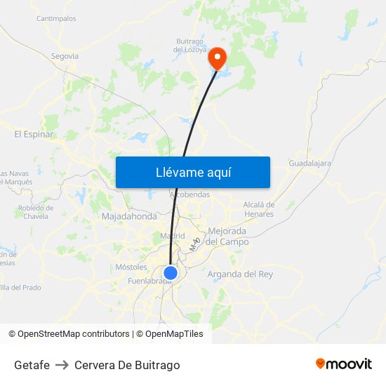 Getafe to Cervera De Buitrago map