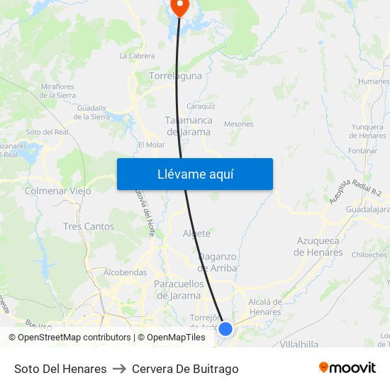 Soto Del Henares to Cervera De Buitrago map