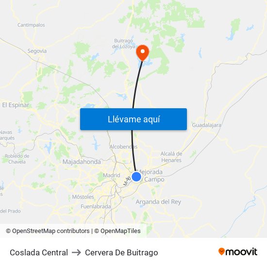 Coslada Central to Cervera De Buitrago map