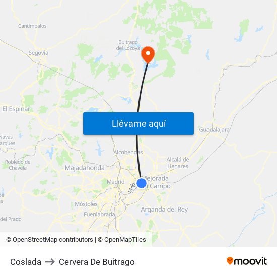 Coslada to Cervera De Buitrago map